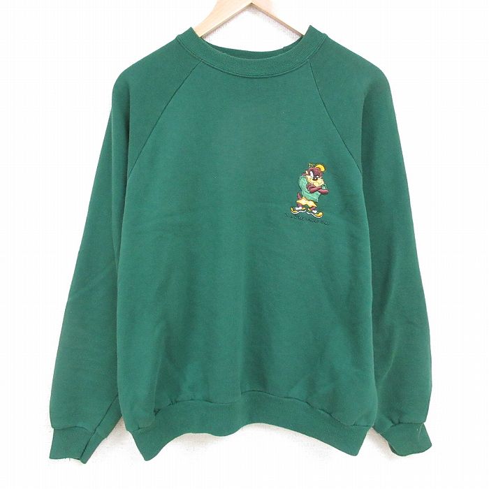 XL★古着 ヘインズ Hanes 長袖 スウェット メンズ 90年代 90s スペースジャム ルーニーテューンズ LOONEY TUNES タズ 大きいサイズ ラグラン クルーネック 緑 グリーン 25apr02 中古 スエット トレーナー トップス