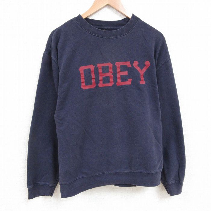 XL★古着 オベイ OBEY 長袖 スウェット メンズ ビッグロゴ 大きいサイズ クルーネック 紺 ネイビー 25apr02 中古 スエット トレーナー トップス