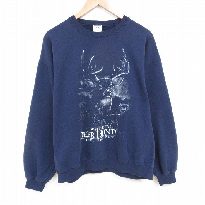 XL★古着 ジャージーズ 長袖 スウェット メンズ 00年代 00s 鹿 クルーネック 紺 ネイビー 25apr02 中古 スエット トレーナー トップス