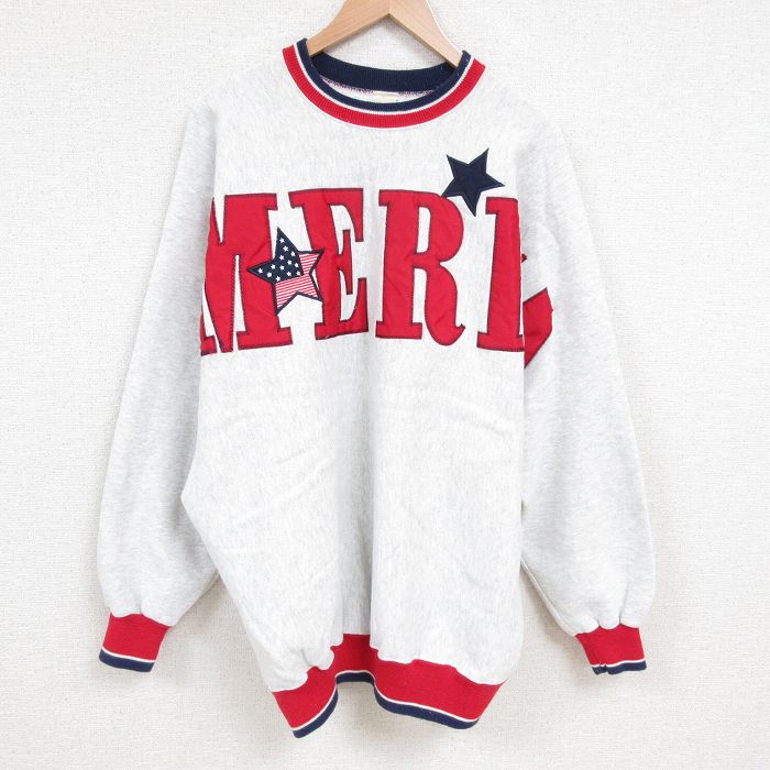 【50%OFF】XL★古着 長袖 スウェット メンズ 90年代 90s アメリカ 刺繍 大きいサイズ ラグラン クルーネック USA製 薄グレー 霜降り 【spe】 25apr02 中古 スエット トレーナー トップス
