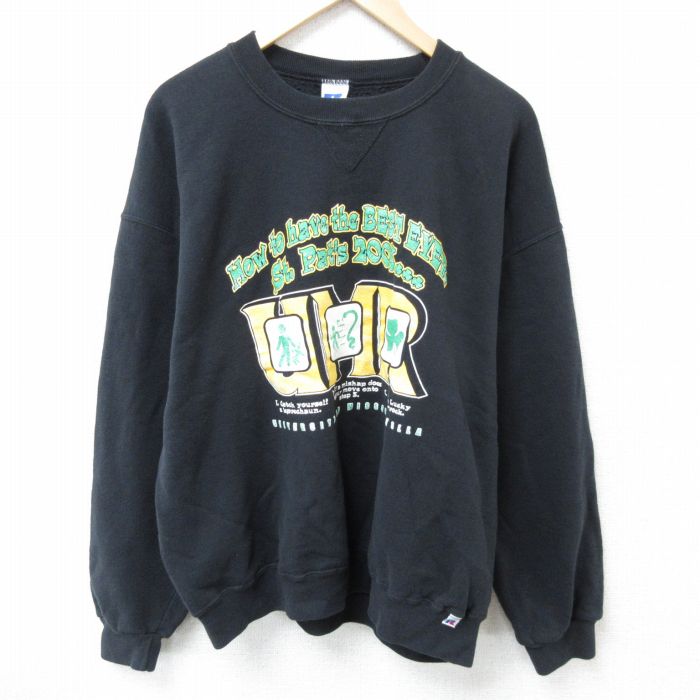 XL★古着 ラッセル 長袖 スウェット メンズ 00年代 00s 馬 クローバー 大きいサイズ クルーネック 黒 ブラック 25apr03 中古 スエット トレーナー トップス