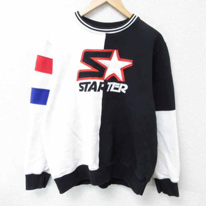 【50%OFF】L★古着 スターター STARTER 長袖 スウェット メンズ ビッグロゴ ツートンカラー 刺繍 クルーネック 黒 ブラック 25apr03 中古 スエット トレーナー トップス