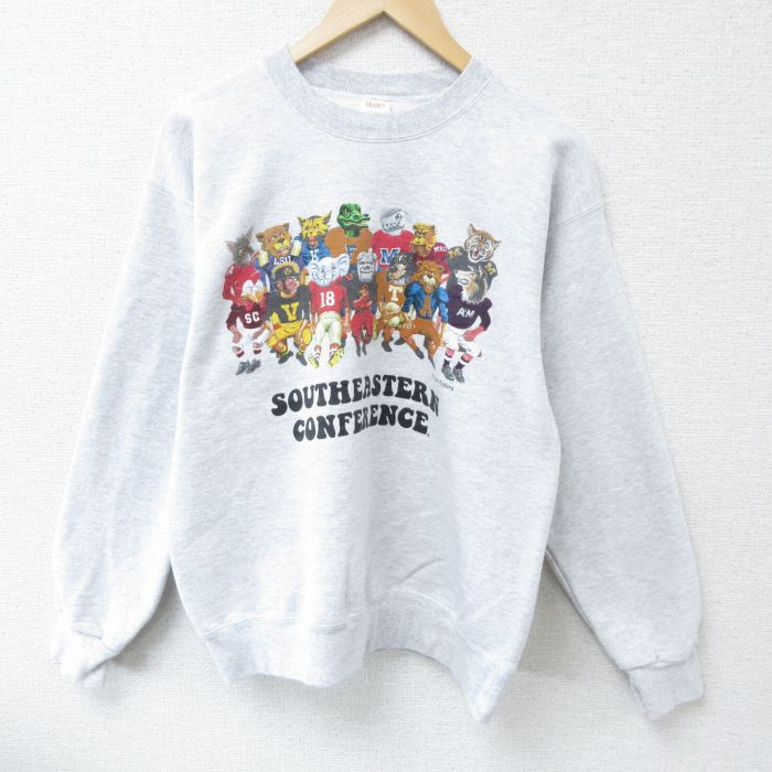 M★古着 ヘインズ Hanes 長袖 スウェット メンズ 動物 フットボール クルーネック 薄グレー 霜降り 25apr03 中古 スエット トレーナー トップス