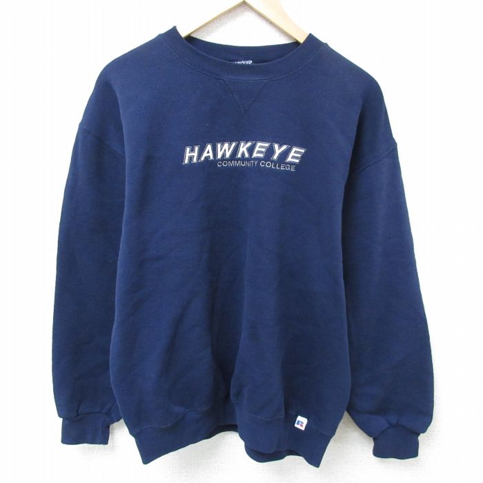 【50%OFF】L★古着 ラッセル 長袖 スウェット メンズ 00年代 00s ハークアイ コミュニティ 大学 刺繍 クルーネック 紺 ネイビー 25apr03 中古 スエット トレーナー トップス