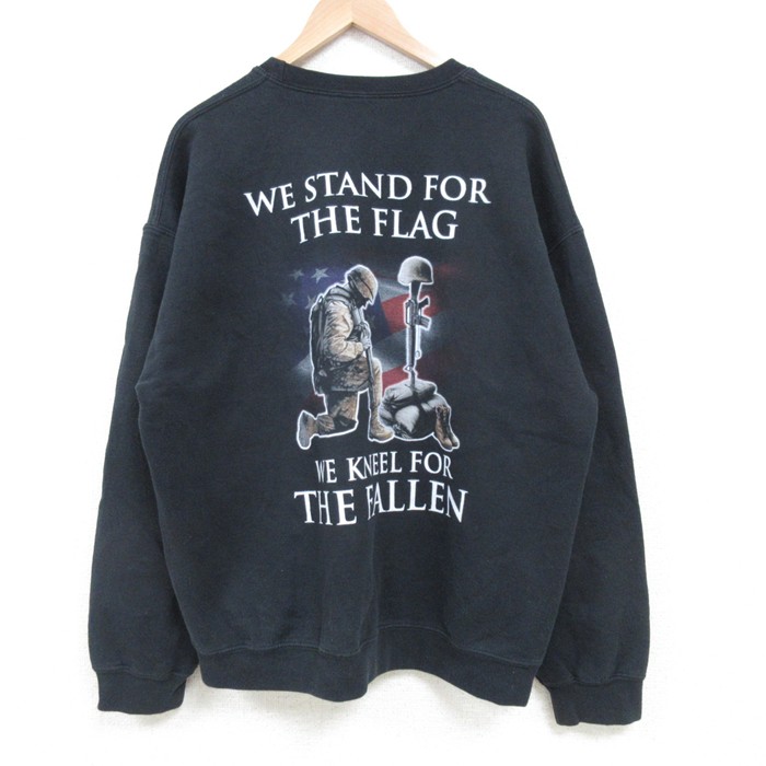 XL★古着 長袖 スウェット メンズ 00年代 00s 星条旗 兵士 クルーネック 黒 ブラック 25apr04 中古 スエット トレーナー トップス
