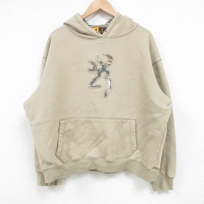 XL★古着 長袖 スウェット パーカー メンズ BROWNING 大きいサイズ ベージュ カーキ 25apr04 中古 スエット トレーナー トップス