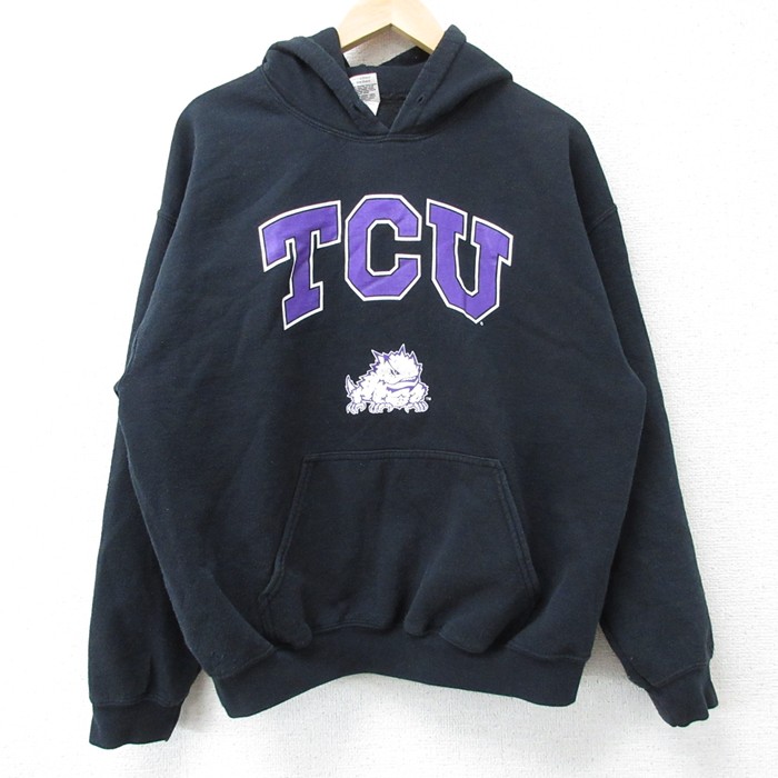 L★古着 長袖 スウェット パーカー メンズ 00年代 00s TCU 黒 ブラック 25apr04 中古 スエット トレーナー トップス