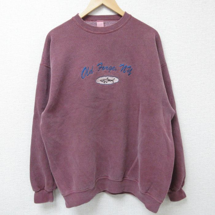 【50%OFF】XL★古着 長袖 スウェット メンズ 00年代 00s 魚 刺繍 クルーネック エンジ 霜降り 25apr05 中古 スエット トレーナー トップス