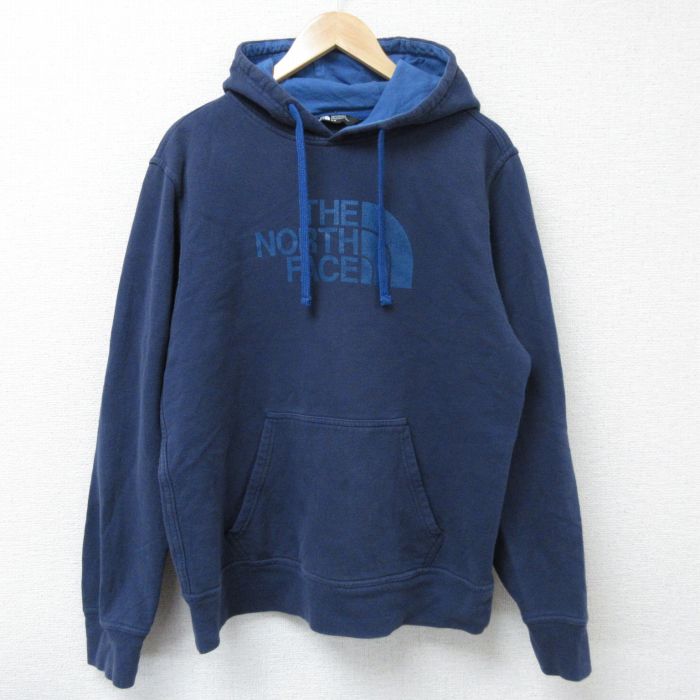L★古着 ノースフェイス THE NORTH FACE 長袖 スウェット パーカー メンズ ビッグロゴ 紺 ネイビー 25apr05 中古 スエット トレーナー トップス