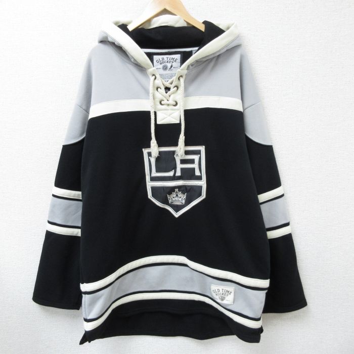 XL★古着 長袖 スウェット パーカー メンズ NHL ロサンゼルスキングス マルチカラー 大きいサイズ ロング丈 黒 ブラック フード内側サーマル他 アイスホッケー 25apr05 中古 スエット トレーナー トップス