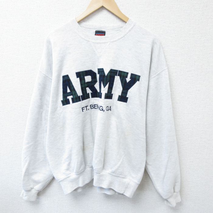 XL★古着 長袖 スウェット メンズ 90年代 90s ミリタリー アーミー ARMY 刺繍 クルーネック USA製 薄グレー 霜降り 25apr07 中古 スエット トレーナー トップス