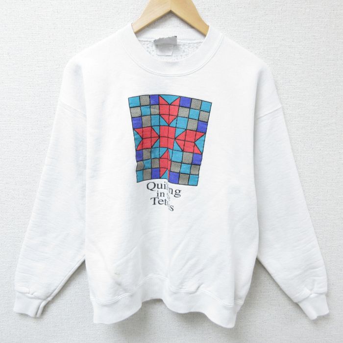 【50%OFF】M★古着 リー Lee 長袖 スウェット メンズ 90年代 90s 図形 クルーネック USA製 白 ホワイト 25apr07 中古 スエット トレーナー トップス