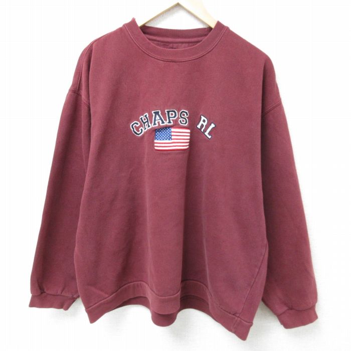 【50%OFF】XL★古着 ラルフローレン Ralph Lauren チャップス 長袖 ブランド スウェット メンズ 90年代 90s ビッグロゴ 刺繍 大きいサイズ クルーネック エンジ 【spe】 25apr07 中古 スエット トレーナー トップス