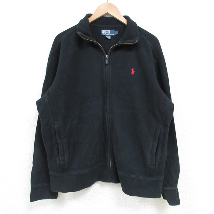 XL★古着 ラルフローレン Ralph Lauren 長袖 ブランド フルジップ スウェット メンズ 90年代 90s ワンポイントロゴ コットン 黒 ブラック 25apr08 中古 スエット トレーナー トップス