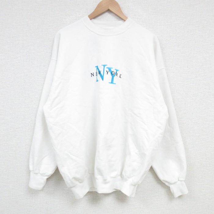 【50%OFF】L★古着 ヘインズ Hanes 長袖 スウェット メンズ 00年代 00s ニューヨーク 刺繍 クルーネック 白 ホワイト 25apr08 中古 スエット トレーナー トップス