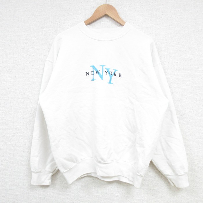 【50%OFF】L★古着 ヘインズ Hanes 長袖 スウェット メンズ 00年代 00s ニューヨーク 刺繍 クルーネック 白 ホワイト 25apr08 中古 スエット トレーナー トップス
