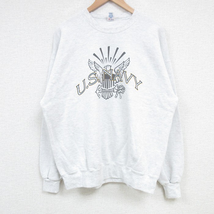 XL★古着 長袖 スウェット メンズ 90年代 90s ミリタリー ネイビー NAVY リフレクター クルーネック USA製 薄グレー 霜降り 25apr08 中古 スエット トレーナー トップス