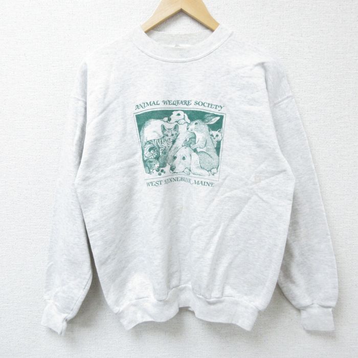 M★古着 ヘインズ Hanes 長袖 スウェット メンズ 00年代 00s 動物 クルーネック 薄グレー 霜降り 25apr08 中古 スエット トレーナー トップス