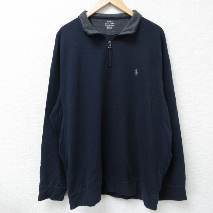 XL★古着 ラルフローレン Ralph Lauren 長袖 ブランド ハーフジップ スウェット メンズ ワンポイントロゴ 大きいサイズ 紺 ネイビー 25apr08 中古 スエット トレーナー トップス