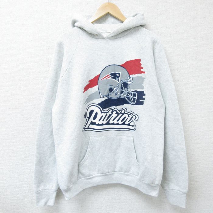 L★古着 フルーツオブザルーム 長袖 スウェット パーカー メンズ 90年代 90s NFL ニューイングランドペイトリオッツ USA製 薄グレー 霜降り アメフト スーパーボウル 25apr08 中古 スエット トレーナー トップス