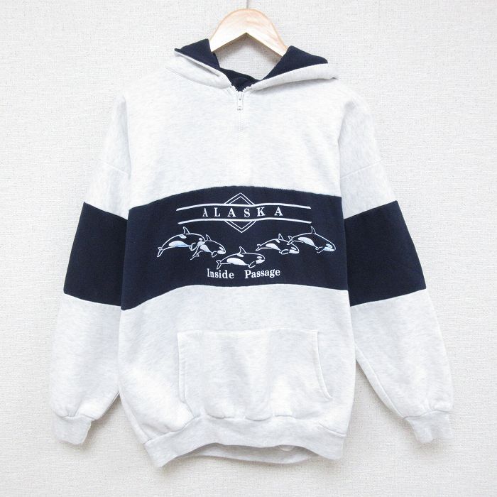 XL★古着 長袖 ハーフジップ スウェット パーカー メンズ 00年代 00s アラスカ シャチ 薄グレー 霜降り 25apr08 中古 スエット トレーナー トップス