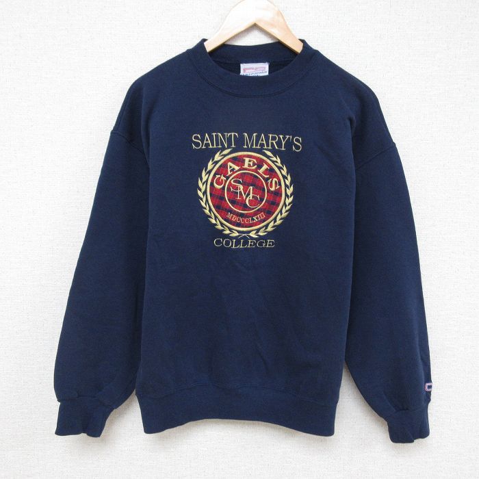 L★古着 長袖 スウェット メンズ 90年代 90s セントメアリーズ カレッジ 刺繍 クルーネック USA製 紺 ネイビー 25apr08 中古 スエット トレーナー トップス