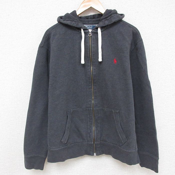 XL★古着 ラルフローレン Ralph Lauren 長袖 ブランド フルジップ スウェット パーカー メンズ 90年代 90s ワンポイントロゴ 大きいサイズ グレー 霜降り フード内側サーマル 【spe】 25apr08 中古 スエット トレーナー トップス