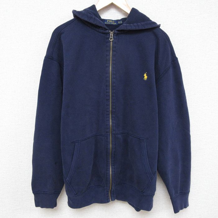 XL★古着 ラルフローレン Ralph Lauren 長袖 ブランド フルジップ スウェット パーカー メンズ ワンポイントロゴ 大きいサイズ 紺 ネイビー フード内側サーマル 25apr08 中古 スエット トレーナー トップス