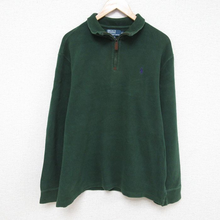 XL★古着 ラルフローレン Ralph Lauren 長袖 ブランド ハーフジップ トップス パーカー メンズ 90年代 90s ワンポイントロゴ コットン クルーネック 緑 グリーン 25apr08 中古 スエット トレーナー
