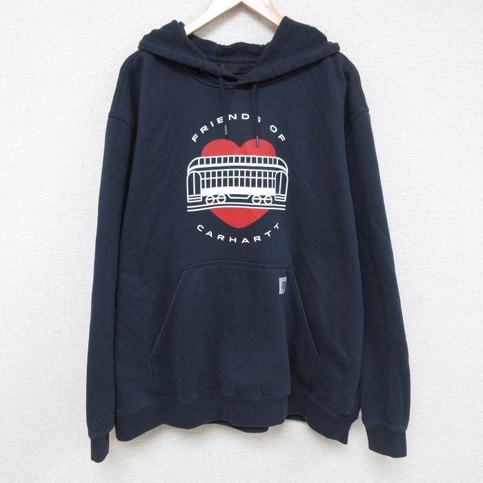 XL★古着 カーハート Carhartt 長袖 スウェット パーカー メンズ ハート バス 大きいサイズ 濃紺 ネイビー 25apr08 中古 スエット トレーナー トップス