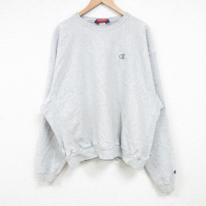 XL★古着 チャンピオン Champion 長袖 スウェット メンズ ワンポイントロゴ 大きいサイズ クルーネック グレー 霜降り 25apr09 中古 スエット トレーナー トップス