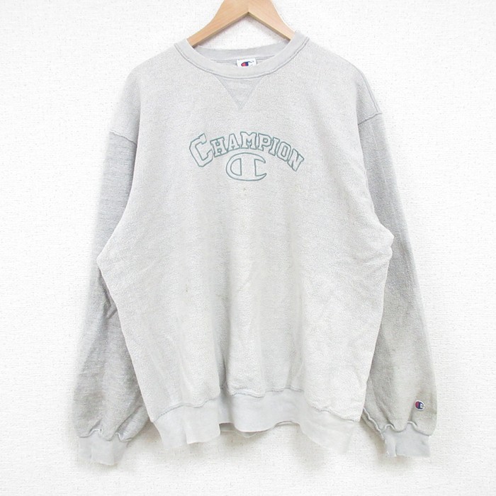 XL★古着 チャンピオン Champion 長袖 トップス メンズ 90年代 90s ビッグロゴ 刺繍 表起毛 クルーネック グレー 霜降り 【spe】 25apr09 中古 スエット トレーナー