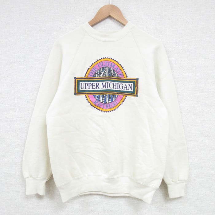 【20%OFF】M★古着 リー Lee 長袖 スウェット メンズ 90年代 90s UPPER MICHIGAN ラグラン クルーネック USA製 生成り 25apr09 中古 スエット トレーナー トップス