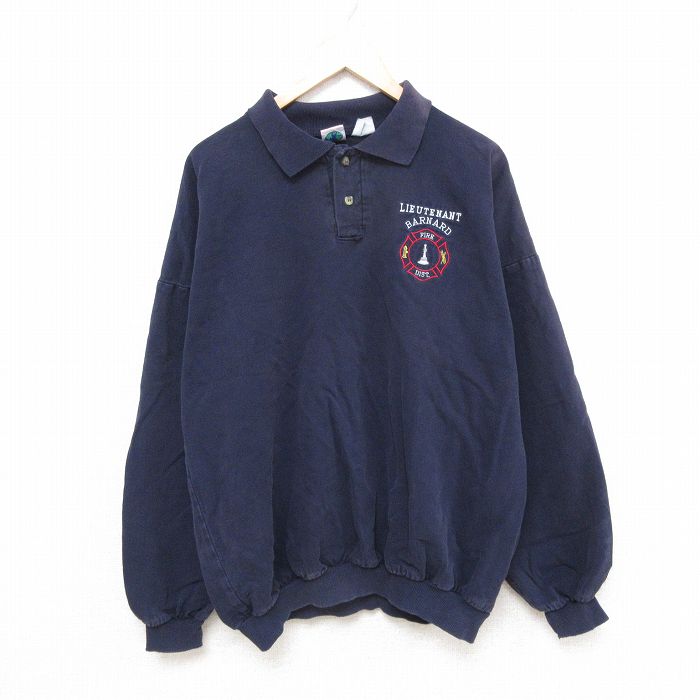 【50%OFF】XL★古着 WEK 長袖 トップス メンズ 90年代 90s バーナード 消防署 大きいサイズ コットン 襟付き USA製 紺 ネイビー 25apr09 中古 スエット トレーナー