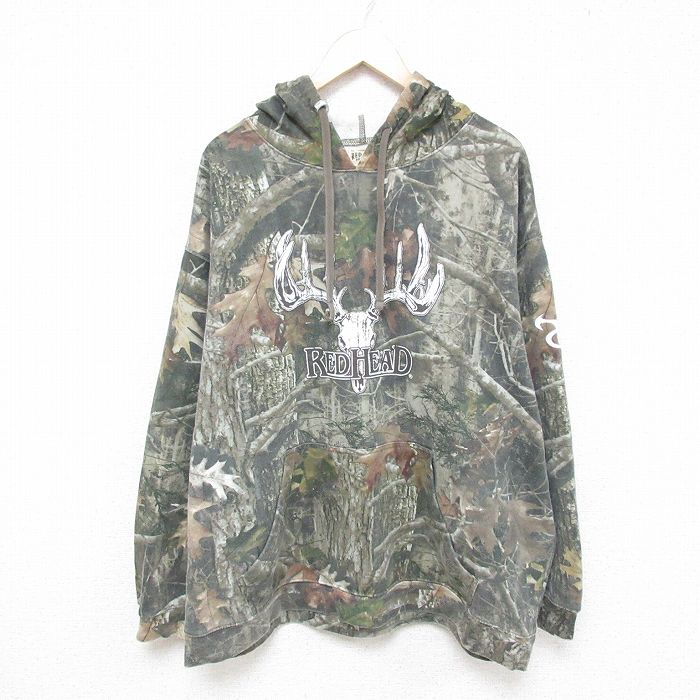 XL★古着 レッドヘッド 長袖 スウェット パーカー メンズ ビッグロゴ 大きいサイズ 緑他 グリーン 迷彩 25apr09 中古 スエット トレーナー トップス