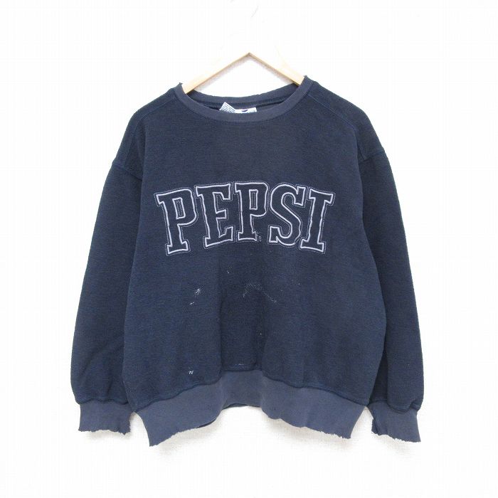 L★古着 長袖 スウェット メンズ 00年代 00s ペプシ PEPSI 表起毛 刺繍 ボロ クルーネック 紺 ネイビー 【spe】 25apr09 中古 スエット トレーナー トップス
