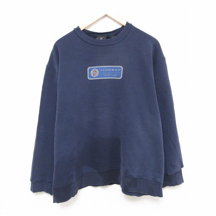 XL★古着 アメリカンイーグル American Eagle 長袖 スウェット メンズ ホッケー ボロ クルーネック 紺 ネイビー 25apr09 中古 スエット トレーナー トップス