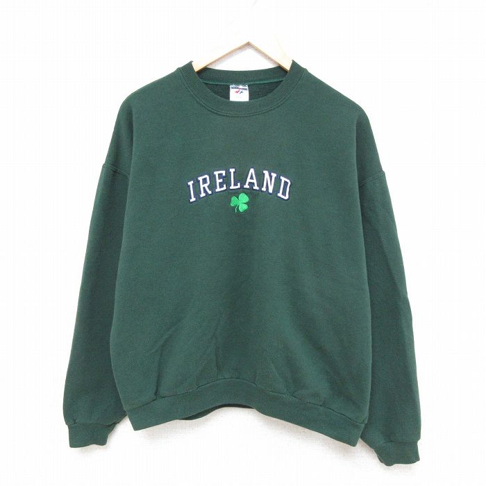 【50%OFF】L★古着 ジャージーズ 長袖 スウェット メンズ 00年代 00s アイルランド 刺繍 クルーネック 緑 グリーン 25apr09 中古 スエット トレーナー トップス