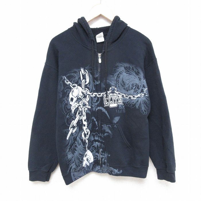 M★古着 長袖 フルジップ スウェット パーカー メンズ 00年代 00s スカル 黒 ブラック 25apr09 中古 スエット トレーナー トップス