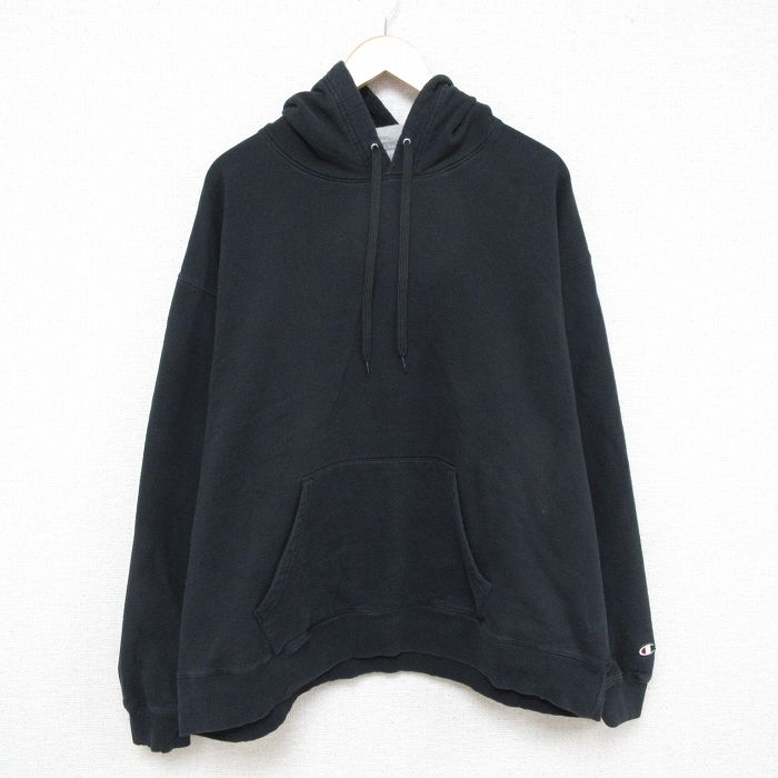 XL★古着 チャンピオン Champion 長袖 スウェット パーカー メンズ 無地 大きいサイズ 黒 ブラック 25apr09 中古 スエット トレーナー トップス