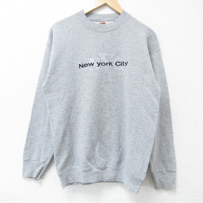 【50%OFF】S★古着 フルーツオブザルーム 長袖 スウェット メンズ 00年代 00s ニューヨーク 刺繍 クルーネック グレー 霜降り 25apr09 中古 スエット トレーナー トップス