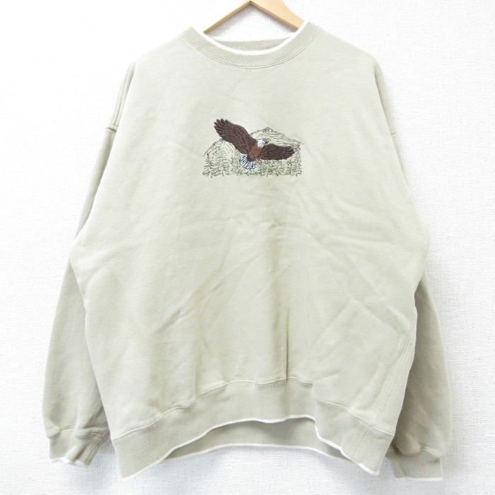 90s 長袖スウェット 鳥刺繍 ベージュ XL | 古着