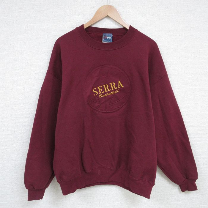 XL★古着 長袖 スウェット メンズ 90年代 90s バスケットボール 刺繍 クルーネック USA製 エンジ 25apr10 中古 スエット トレーナー トップス