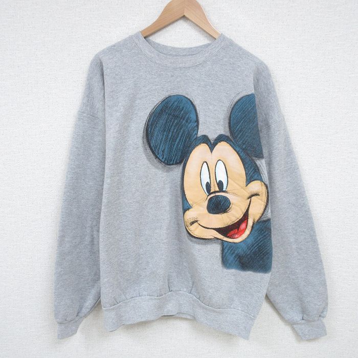 XL★古着 ヘインズ Hanes 長袖 スウェット メンズ ディズニー DISNEY ミッキー MICKEY MOUSE 両面プリント クルーネック グレー 霜降り 【spe】 25apr10 中古 スエット トレーナー トップス