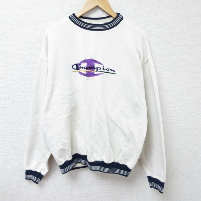 【50%OFF】XL★古着 チャンピオン Champion 長袖 スウェット メンズ 90年代 90s ビッグロゴ 刺繍 クルーネック USA製 白 ホワイト 【spe】 25apr10 中古 スエット トレーナー トップス