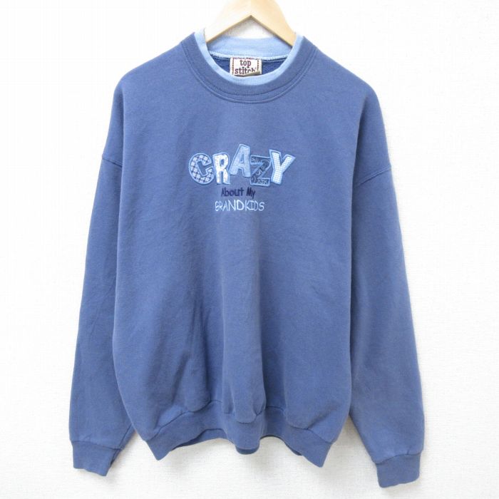 XL★古着 長袖 スウェット メンズ 00年代 00s CRAZY 刺繍 クルーネック 薄紺 ネイビー 25apr10 中古 スエット トレーナー トップス