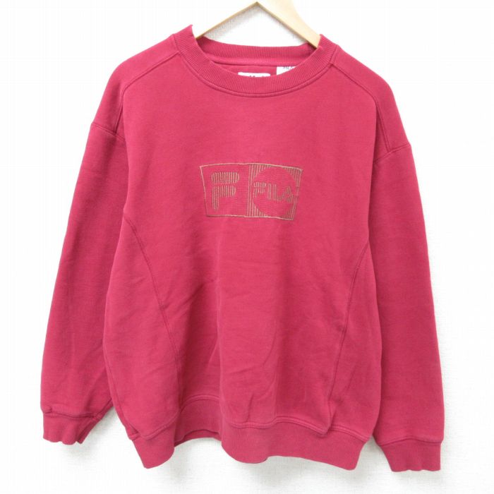 XL★古着 フィラ FILA 長袖 スウェット メンズ 00年代 00s ビッグロゴ 刺繍 クルーネック エンジ 25apr10 中古 スエット トレーナー トップス