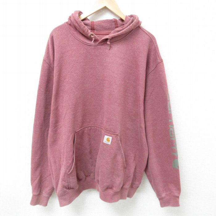 XL★古着 カーハート Carhartt 長袖 スウェット パーカー メンズ ビッグロゴ 大きいサイズ エンジ 霜降り 25apr10 中古 スエット トレーナー トップス