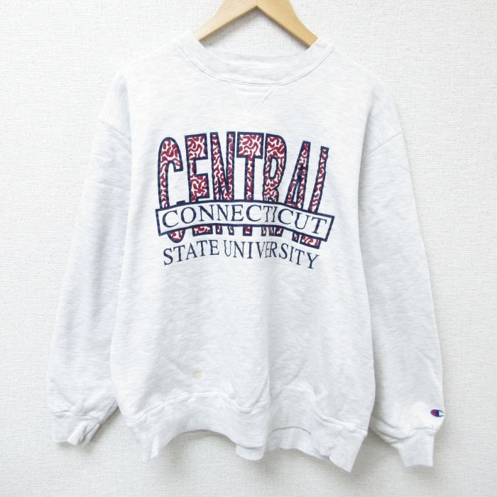 L★古着 チャンピオン Champion 長袖 スウェット メンズ 90年代 90s セントラルコネチカット 州立大学 クルーネック USA製 薄グレー 霜降り 25apr10 中古 スエット トレーナー トップス