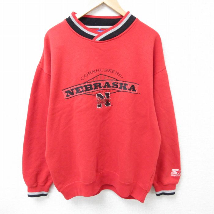 【50%OFF】XL★古着 スターター STARTER 長袖 スウェット メンズ 00年代 00s ネブラスカコーンハスカーズ 刺繍 Vネック 赤 レッド 25apr10 中古 スエット トレーナー トップス